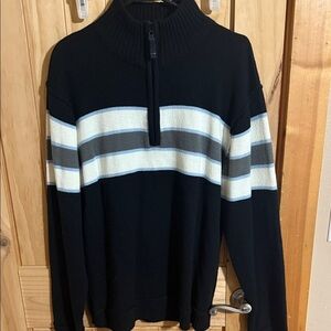 Men's Black Zip-Up Sweater with Gray and White Stripes